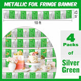 4 Pack 10 Ft Silver Green Foil Fringe Garland Metallic Streamers Tinsel Banner Wall Hanging Garland Backdrop For Parade Floats, Halloween, Christmas, Thanksgiving, New Year Party Decorations