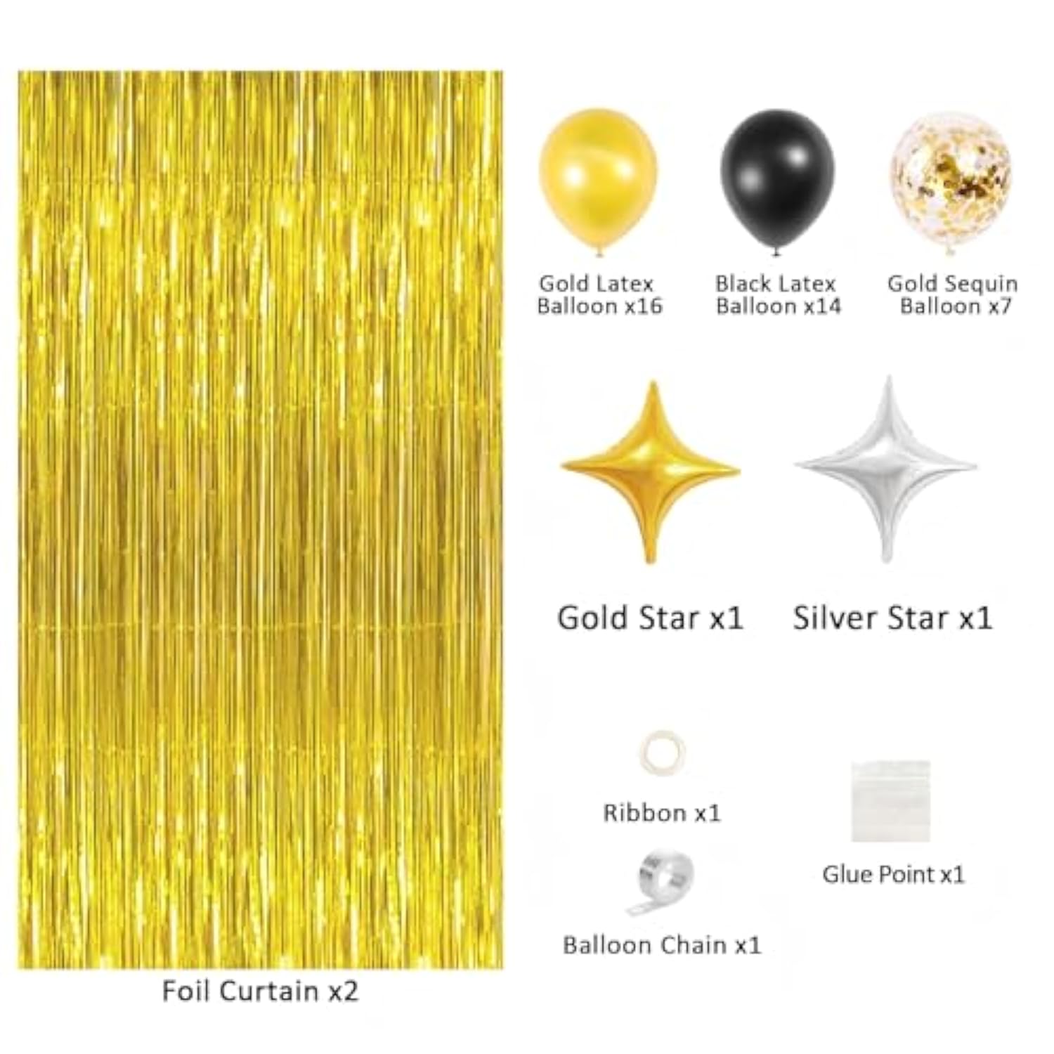 Gold Foil Curtain & Balloon Decoration Set – 2-Pack Metallic Fringe Backdrop With Gold, Black & Silver Balloons (Photo Booth Props For Party, Wedding, New Year)