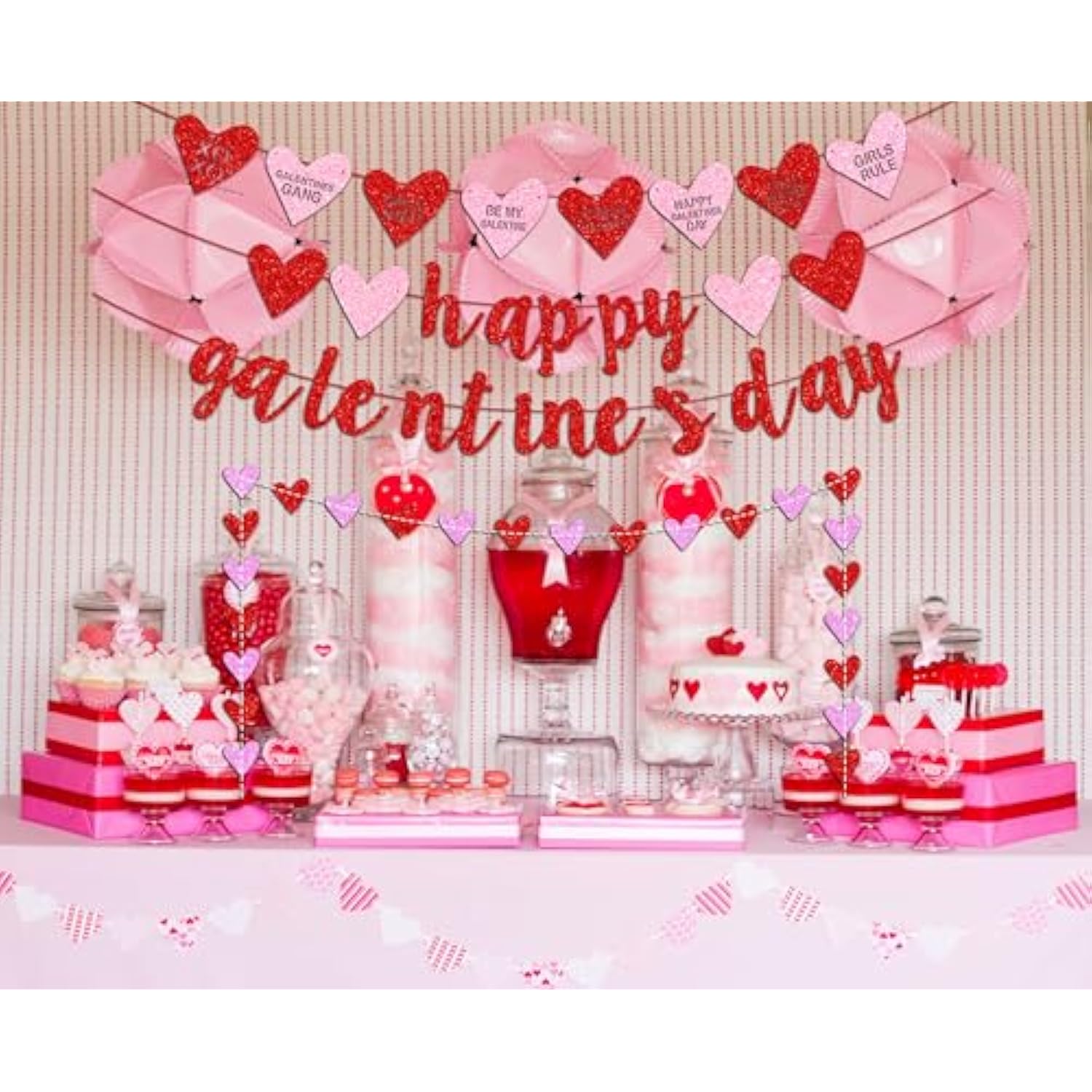 Happy Galentine'S Day Banner, Red Glittery Galentine’S Day Decorations With Heart Garland Banner, Ladies Girls Happy Valentine’S Day Party Decorations Photo Prop