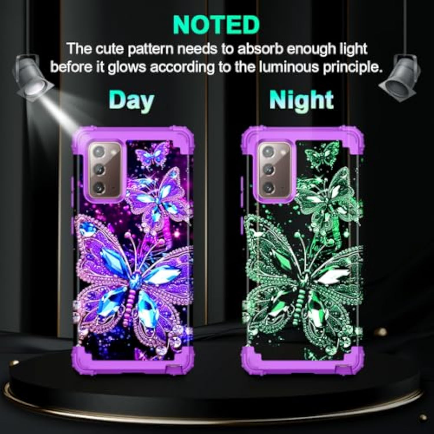 For Galaxy Note 20 Case,Glow In The Dark Three Layer Heavy Duty Shockproof Full Body Protection Hard Plastic Bumper+Soft Silicone Protective Case For Samsung Galaxy Note 20,Dark Butterfly