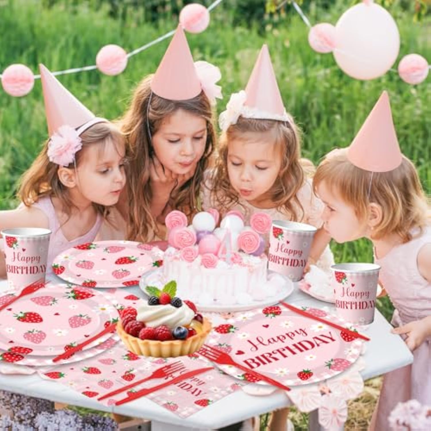 Strawberry Birthday Decorations For Girls, Berry First Birthday Plates And Napkins With Cups Forks And Knives Berry First Birthdays Decor Strawberry Party Decorations For Fruit Theme Party, Serve 24