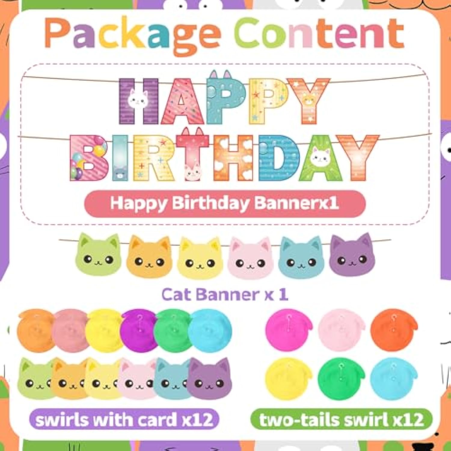 43 Pieces Cartoon Doll Cat Birthday Party Banner And Hanging Swirl Party Decorations Happy Pet Banner For Themed Birthday Decor