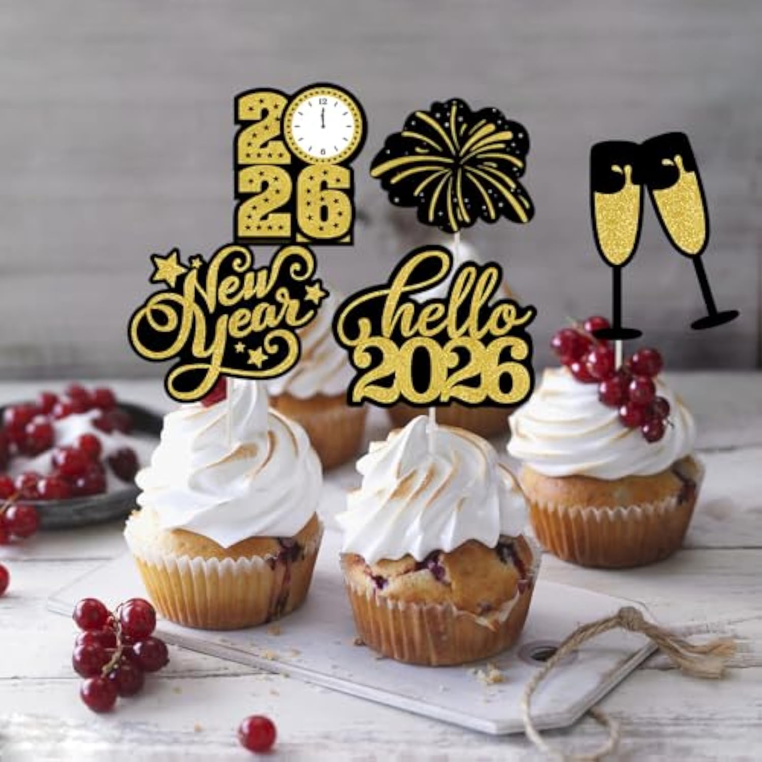 24pcs Happy New Year Cupcake Toppers Black Gold 12 Patterns for 2026 Party