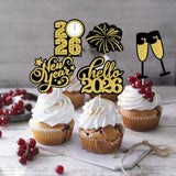 24pcs Happy New Year Cupcake Toppers Black Gold 12 Patterns for 2026 Party