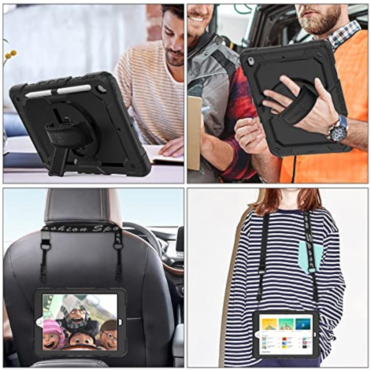 Case For 9Th/ 8Th/ 7Th Generation 10.2'', Shockproof With Screen Protector, Pencil Holder [360° Rotating Hand Strap] & Stand, For 10.2 Inch 2021-2019 (Black)