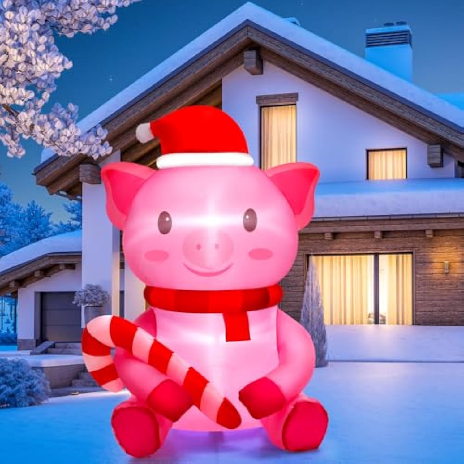 3.3Ft Christmas Inflatable Pig Pig With Santa Hat & Candy Cane Christmas Inflatable Led Lighted Blown Outdoor Pig Decor