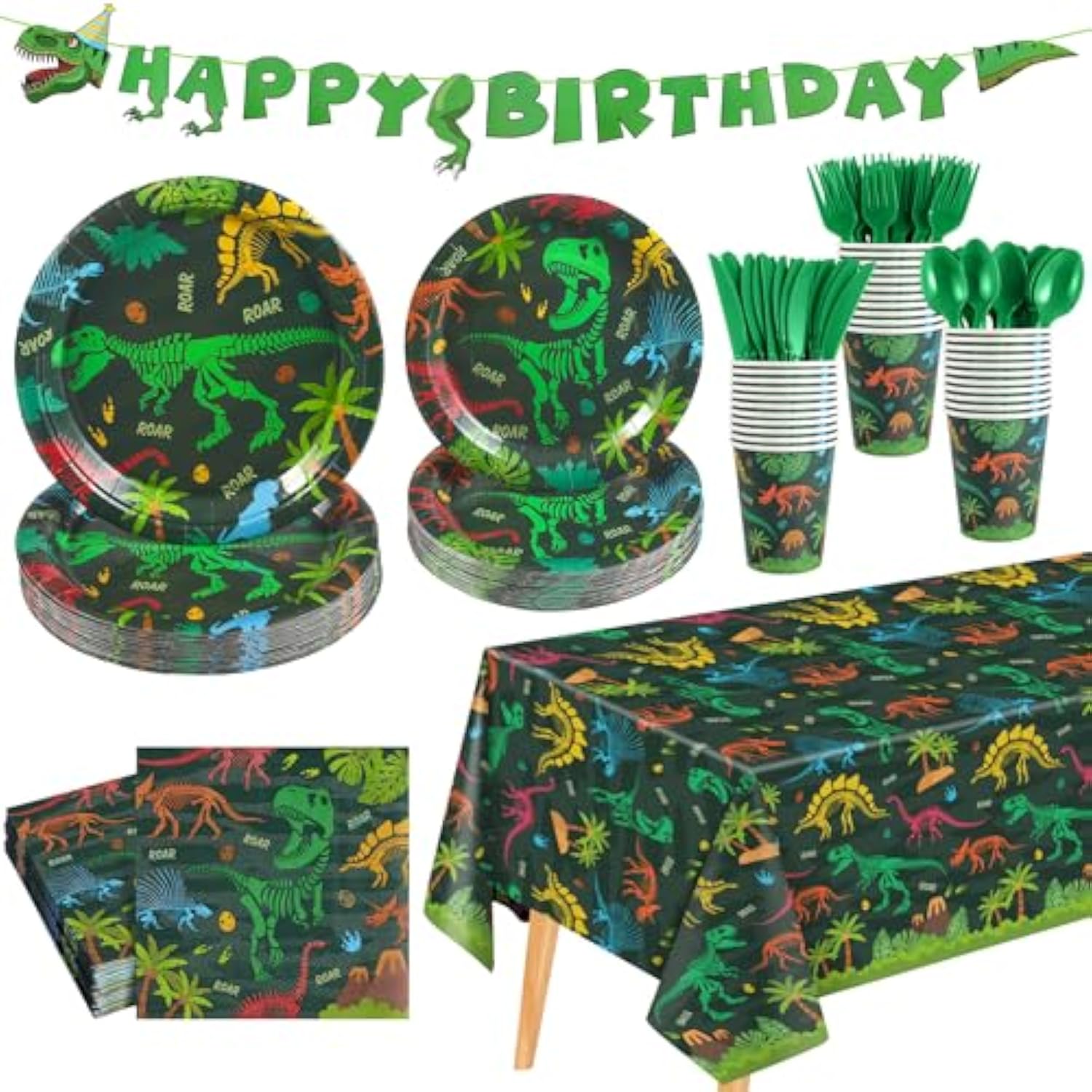 177 Pcs Dinosaur Birthday Party Supplies, 25 Guest Dinosaur Theme Tableware Set Includes Dino Plates, Cups, Napkins, Cutlery, Tablecloth, Banner, Dino Party Decorations For Boys Birthday
