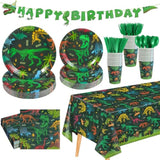 177 Pcs Dinosaur Birthday Party Supplies, 25 Guest Dinosaur Theme Tableware Set Includes Dino Plates, Cups, Napkins, Cutlery, Tablecloth, Banner, Dino Party Decorations For Boys Birthday
