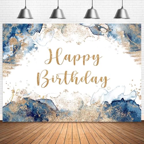 Blue and Gold Happy Birthday Backdrop Abstract Watercolor Navy Golden Ink Texture Women Men Bday Photography Background Party Decorations Cake Table Banner Photo Booth Props 7x5ft
