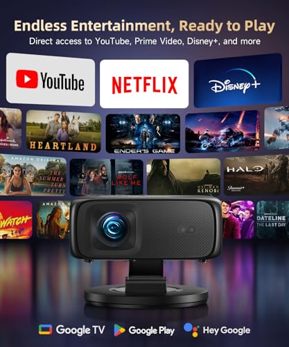[1500Ansi/ Google Tv] Smart Projector With Wifi And Bluetooth, Portable Outdoor Projector 4K Support, Auto Focus & Keystone, Built-In Apps, Indoor Home Theater With 360° Rotatable Stand