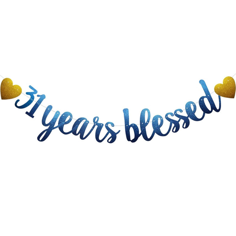 31 Years Blessed Banner, Pre-Strung, Blue Glitter Paper Garlands For 3