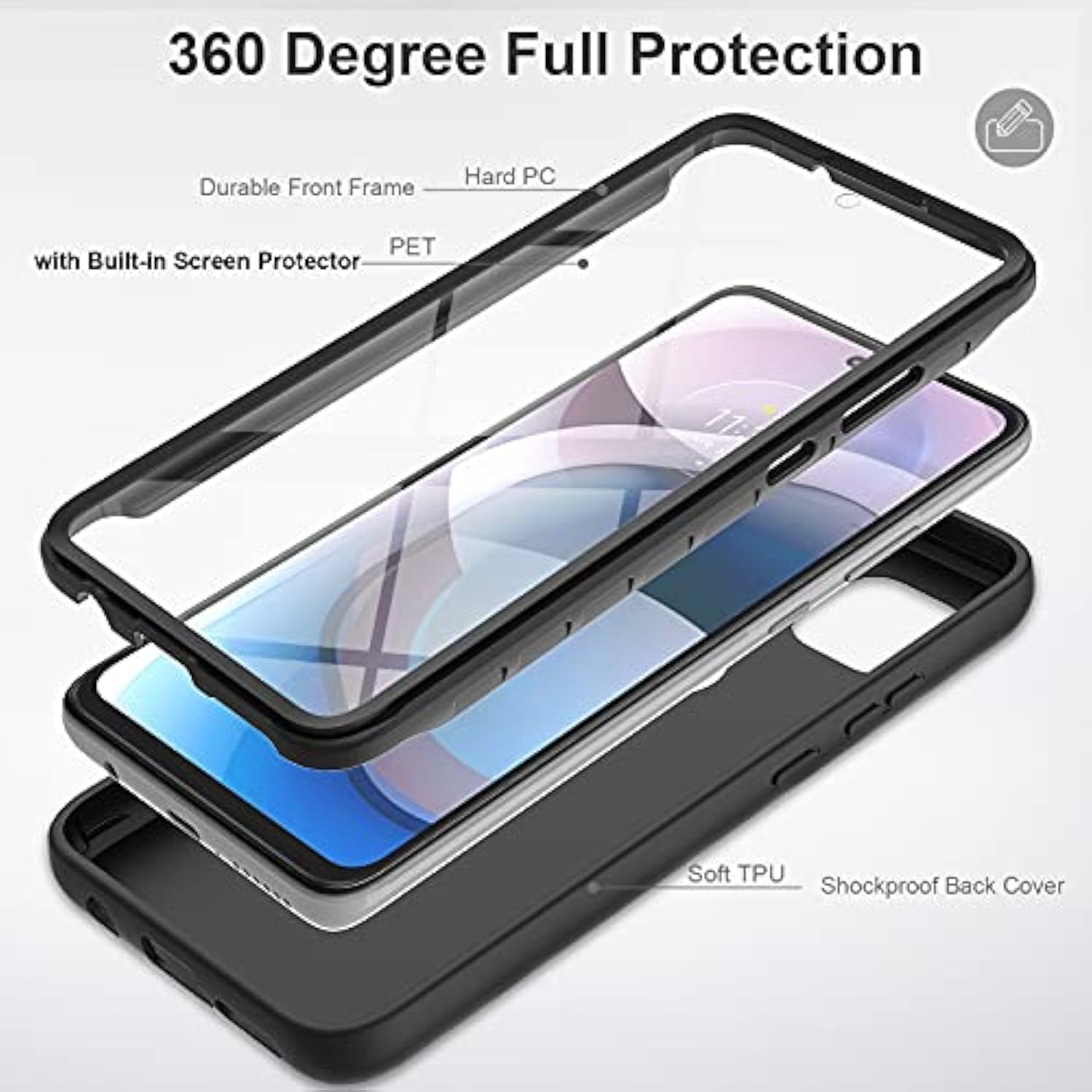 V/A For Motorola One 5G Ace Case With Built-In Screen Protector, Full Body Protection Shockproof Cover Case, [Rugged Pc Front Bumper + Soft Tpu Back Cover] Armor Protective Phone Case (Black)
