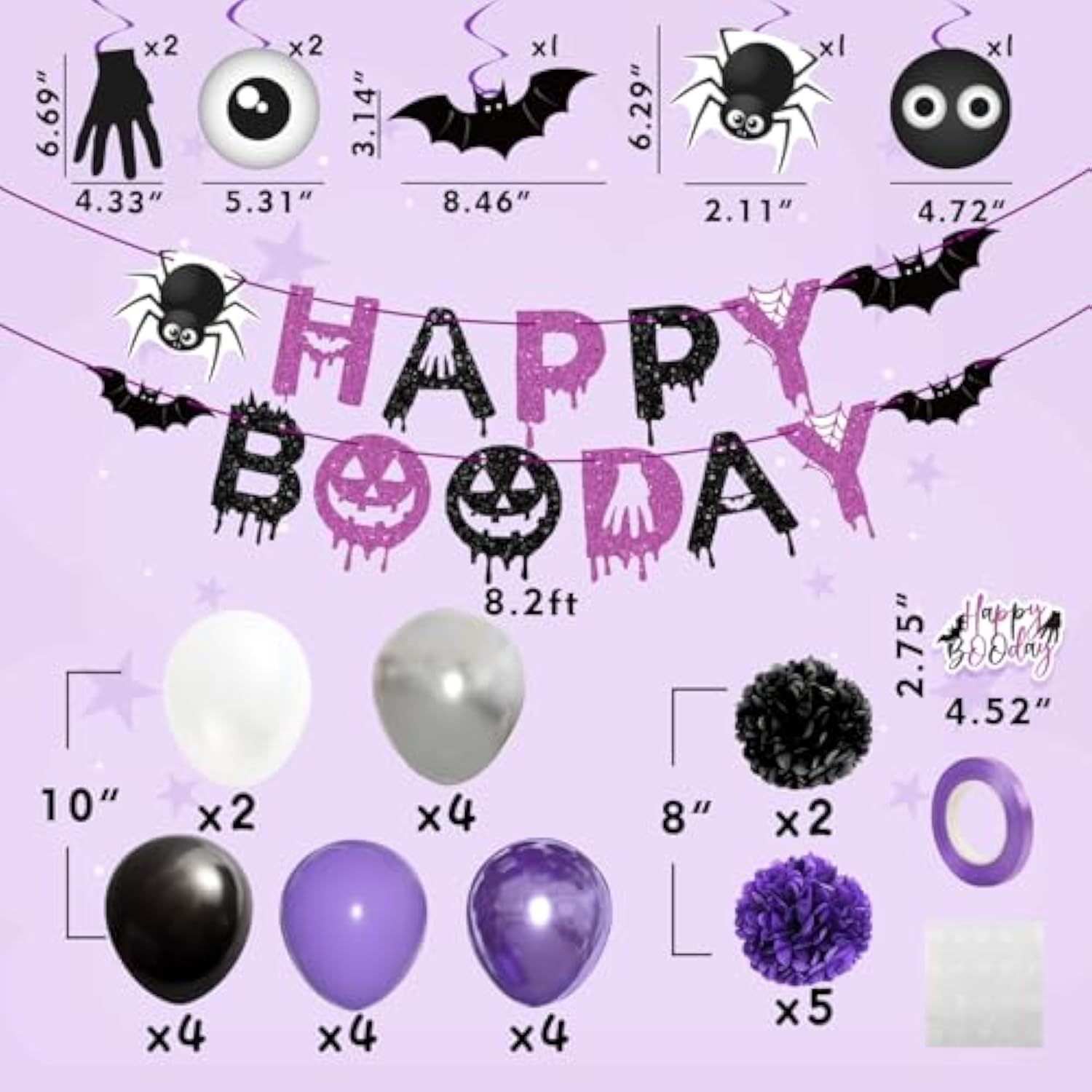 Halloween Party Decorations - Balloon Banner, Paper Pompoms, Cake Topper & Hanging Swirls