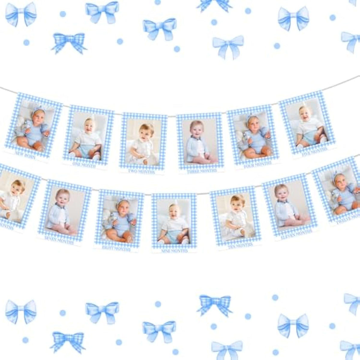Blue Gingham Photo Banner 1St Birthday Baby Photo Banner For Newborn To 12 Months Blue Checkered Monthly Photo Cards Gingham Banner For Baby Boy 1St Birthday Party Supplies