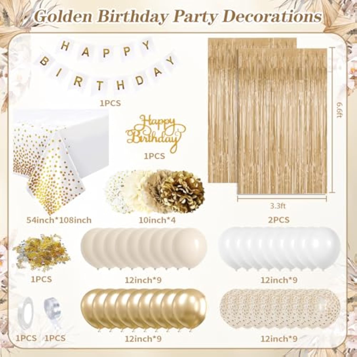 White & Gold Birthday Decor, Balloons, Banner, Tablecloth, Pom Poms and Fringe Curtain