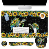 Yellow Sunflower Daisies Desk Mat, Turtle Leaves Floral Mouse Pad Set 4-In-1 Large Mousepad+Keyboard Wrist Rest+Mouse Wrist Rest+Coaster With Ergonomic Design, Non-Slip Mat