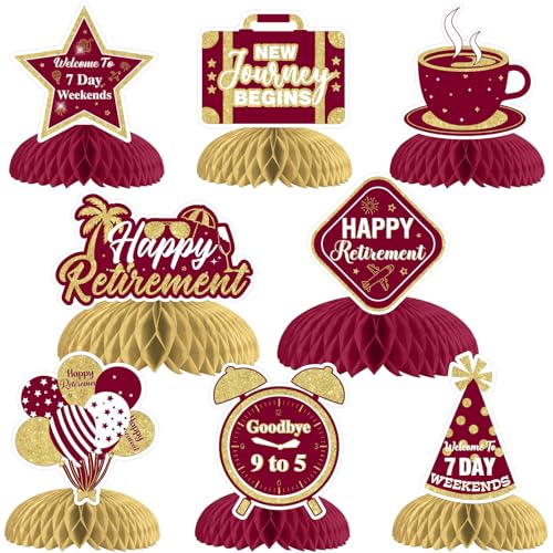 8 Pieces Happy Retirement Honeycomb Centerpieces - Burgundy Retirement Party Decorations, New Journey Begins Goodbye 9 to 5 Table Toppers for Welcome to 7 Day Weekends Farewell Leaving Party