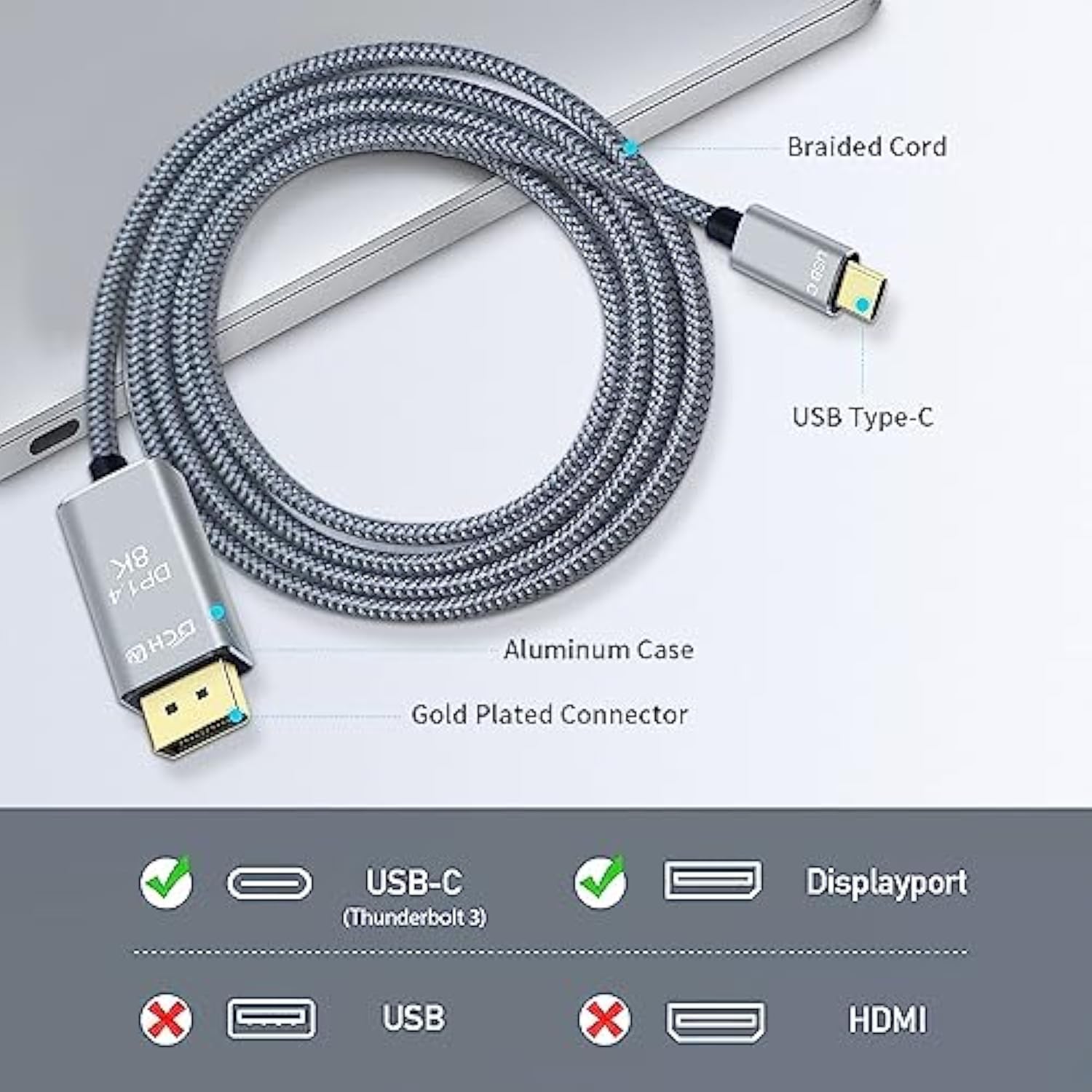 8K Usb-C To Displayport Cable 3-Foot 4K@144Hz 8K@60Hz 2K@165Hz Usb To Dp Adapt