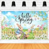 Hello Spring Backdrop Easter Party Banner Greenery Spring Festival Easter Photo Backdrop Colorful Happy Easter Party Decorations Supplies Banner (Greenery, 70.8X43.3 Inch)