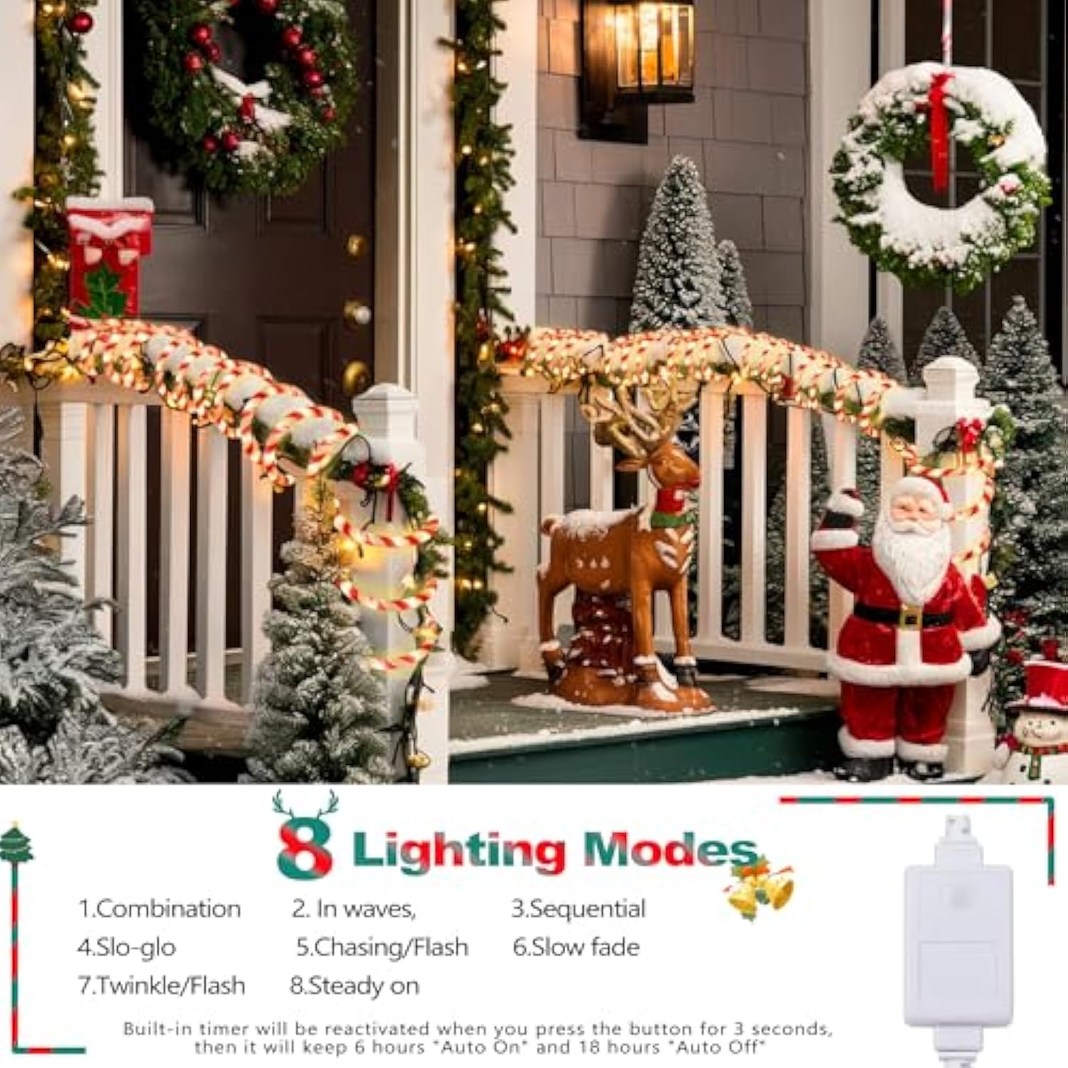 Christmas Candy Cane Lights, 33Ft 240 Led Connectable & Flexible White & Red Candy Cane Rope Lights For Outside, 8 Modes Waterproof Led Christmas Light For Garden Patio Tree Holiday Party Decor