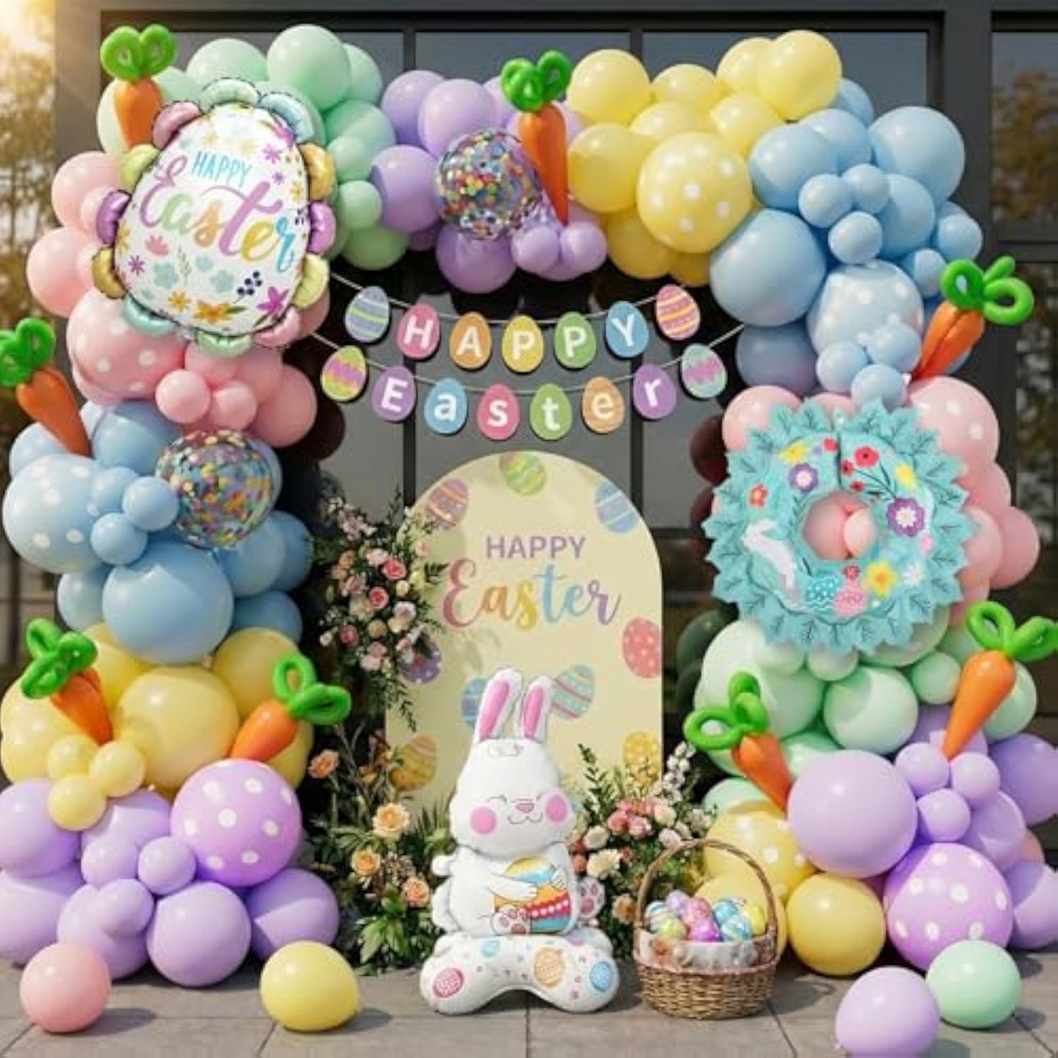 Easter Balloon Garland Arch Kit With Pastel Happy Easter Balloons And Bunny, Carrot, Resurrection Eggs, Easter Wreaths Foil Balloons For Baby Shower Party, Spring Birthday, Easter Decorations