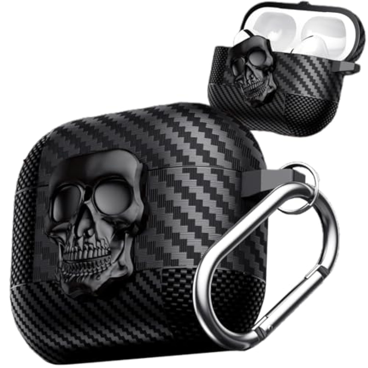 For Airpods Pro 2Nd Generation Case Skull With Lock & Keychain For Men, Funny Carbon Fiber Full Body Shockproof Hard Shell Protective Skeleton Cover For Airpods Pro 2 Klt Black