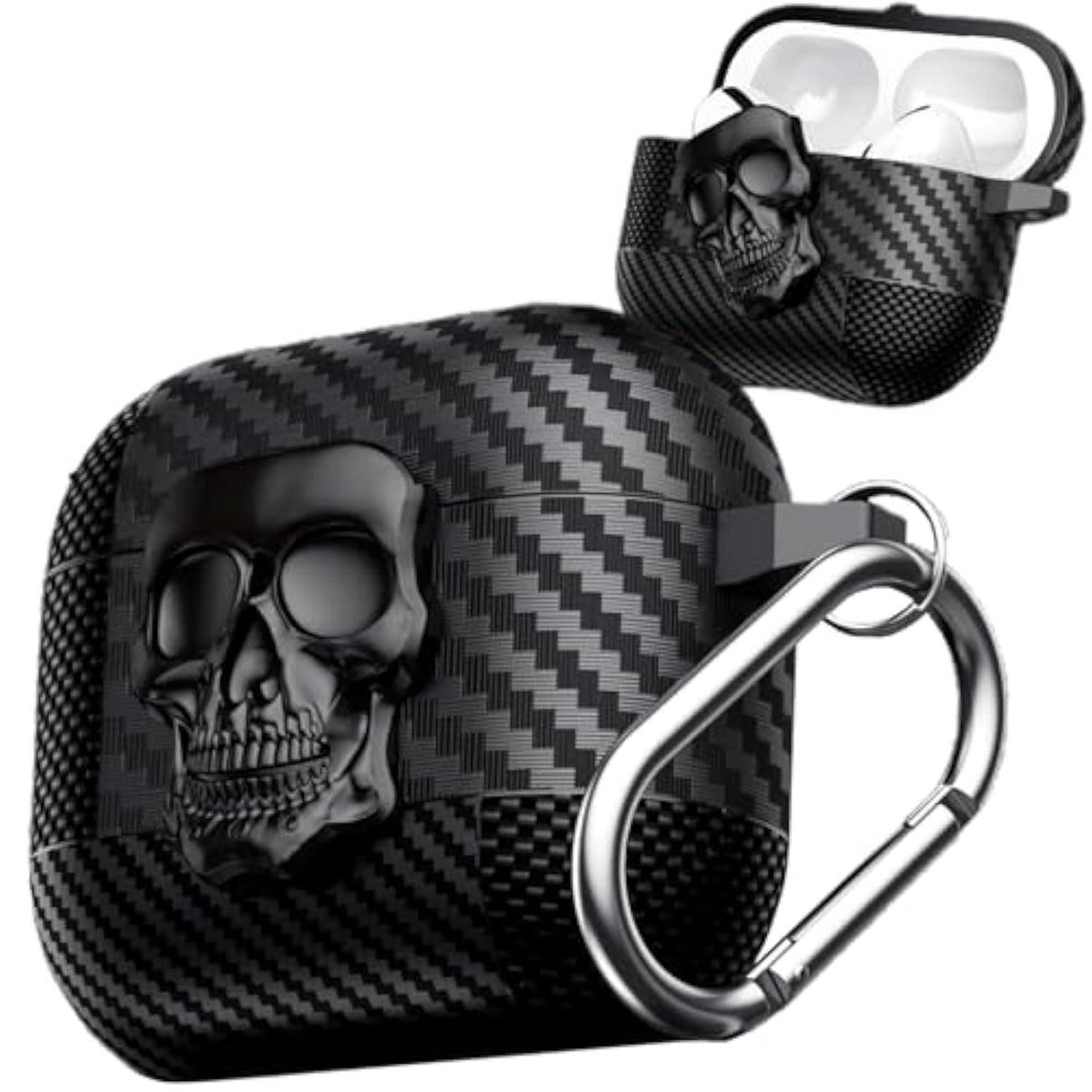 For Airpods Pro 2Nd Generation Case Skull With Lock & Keychain For Men, Funny Carbon Fiber Full Body Shockproof Hard Shell Protective Skeleton Cover For Airpods Pro 2 Klt Black