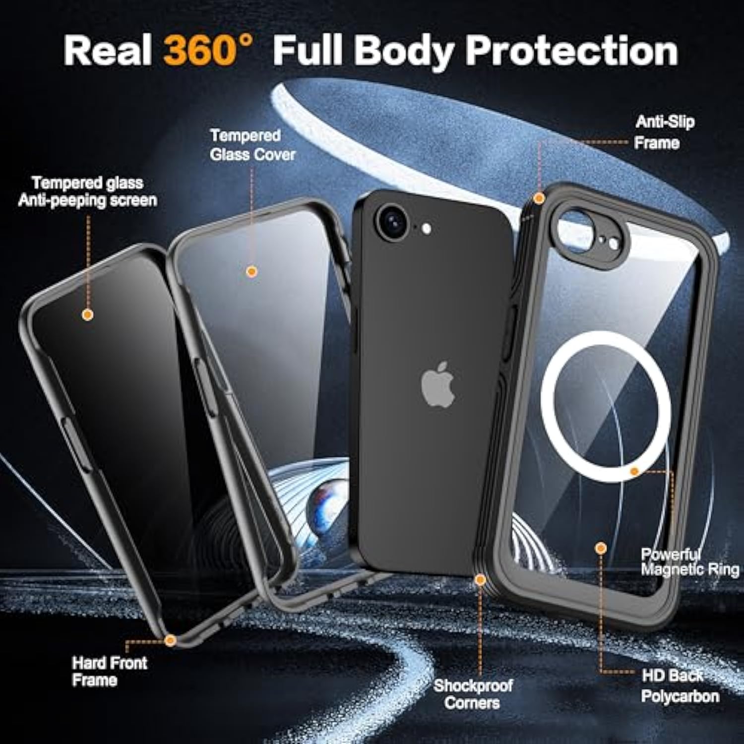 For Iphone 16E Case,Built-In 9H Tempered Glass Screen Protector + Privacy Screen Protector, [Military Grade Protection] Shockproof Anti Spy Magnetic Back Phone Case For Iphone 16E, Black