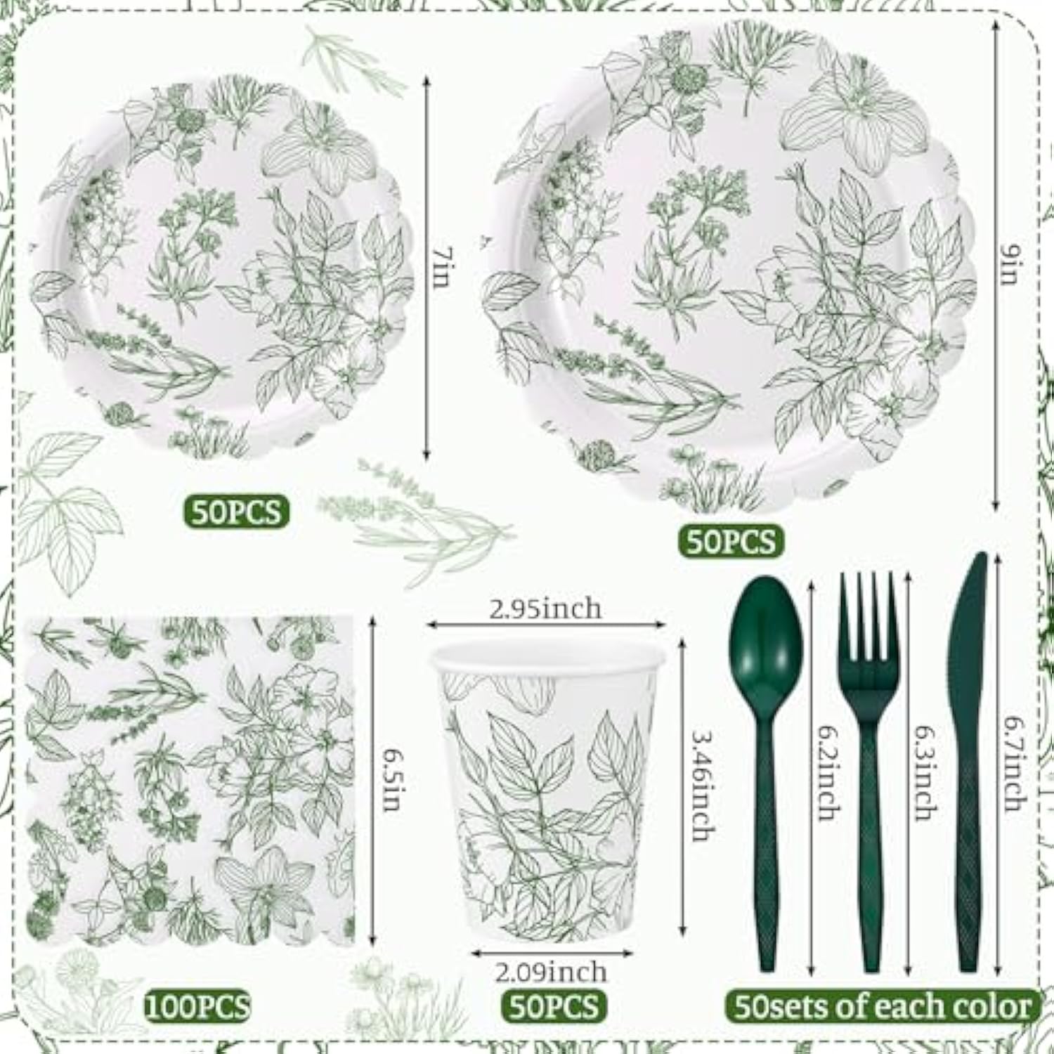 400 Pcs Sage Green Disposable Tableware Set Greenery Floral Paper Plates Napkins Sage Serve Scalloped Plates Paper Napkins Cups Plastic Spoons Forks Knives For Wedding Tea Party Baby Shower