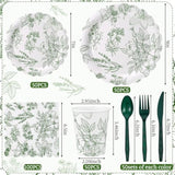 400 Pcs Sage Green Disposable Tableware Set Greenery Floral Paper Plates Napkins Sage Serve Scalloped Plates Paper Napkins Cups Plastic Spoons Forks Knives For Wedding Tea Party Baby Shower