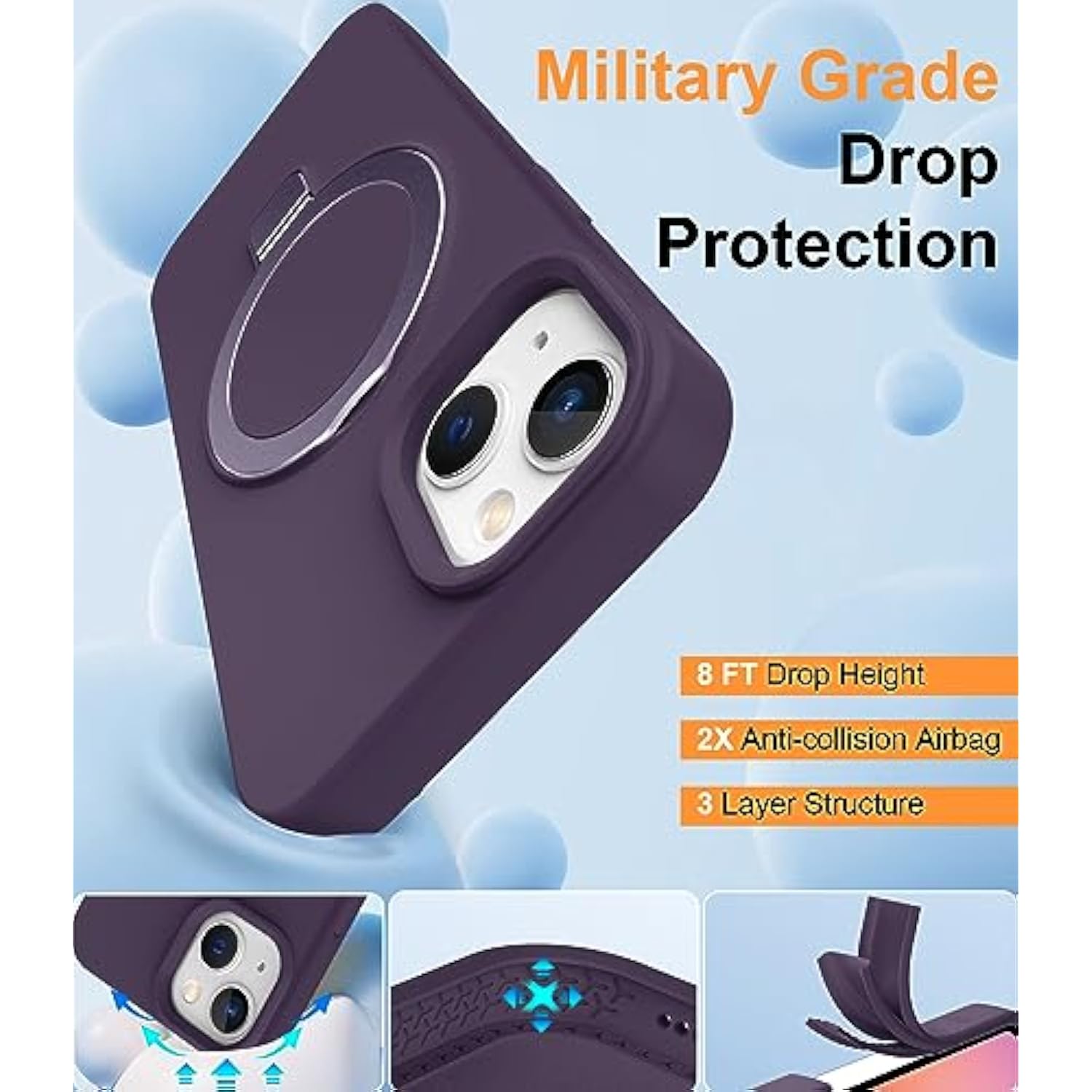 Liquid Silicone Designed For Iphone 15 Case With Magnet Stand, [Mil-Grade Drop Shockproof][Soft Anti-Scratch Microfiber Lining] Slim Fit Cover, Purple