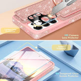 Rose gold glitter Galaxy S25 Ultra wallet case with 5 card slots, ring stand & protectors.