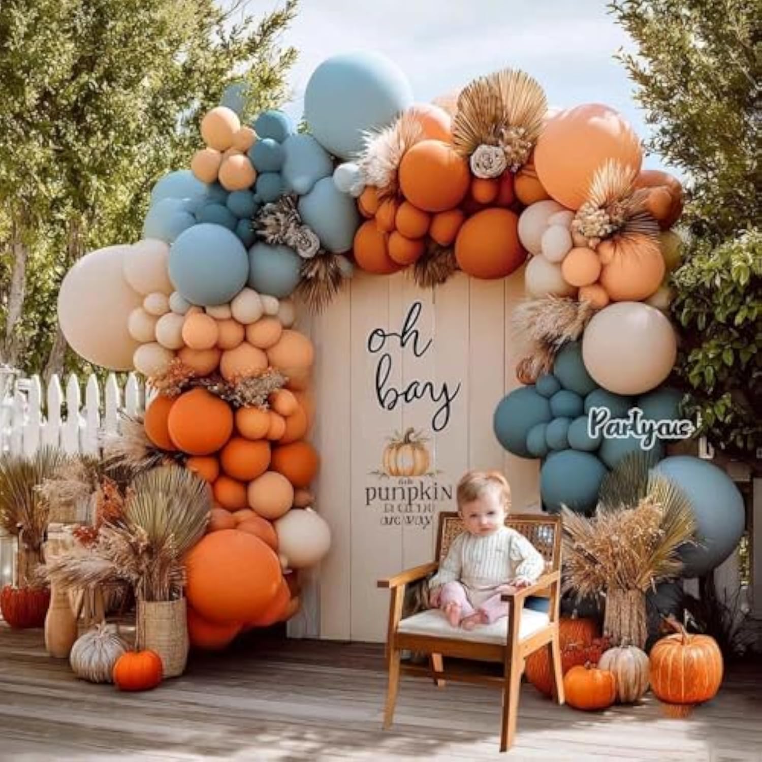 Orange Blue Balloon Arch Kit with Dusty Blue Peach Beige Balloons for Baby Shower