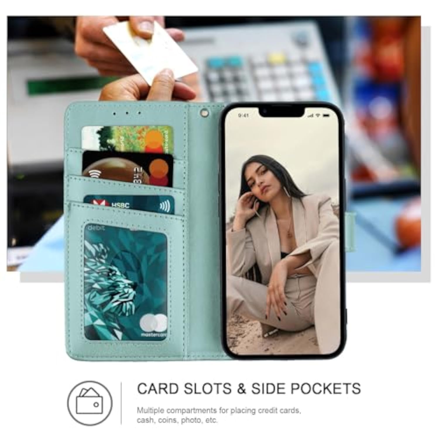 Premium PU Leather Wallet Case for iPhone 14, 3 Card Holder Stand with Credit Card Slot, RFID Blocking, Magnetic Protective Flip Cover
