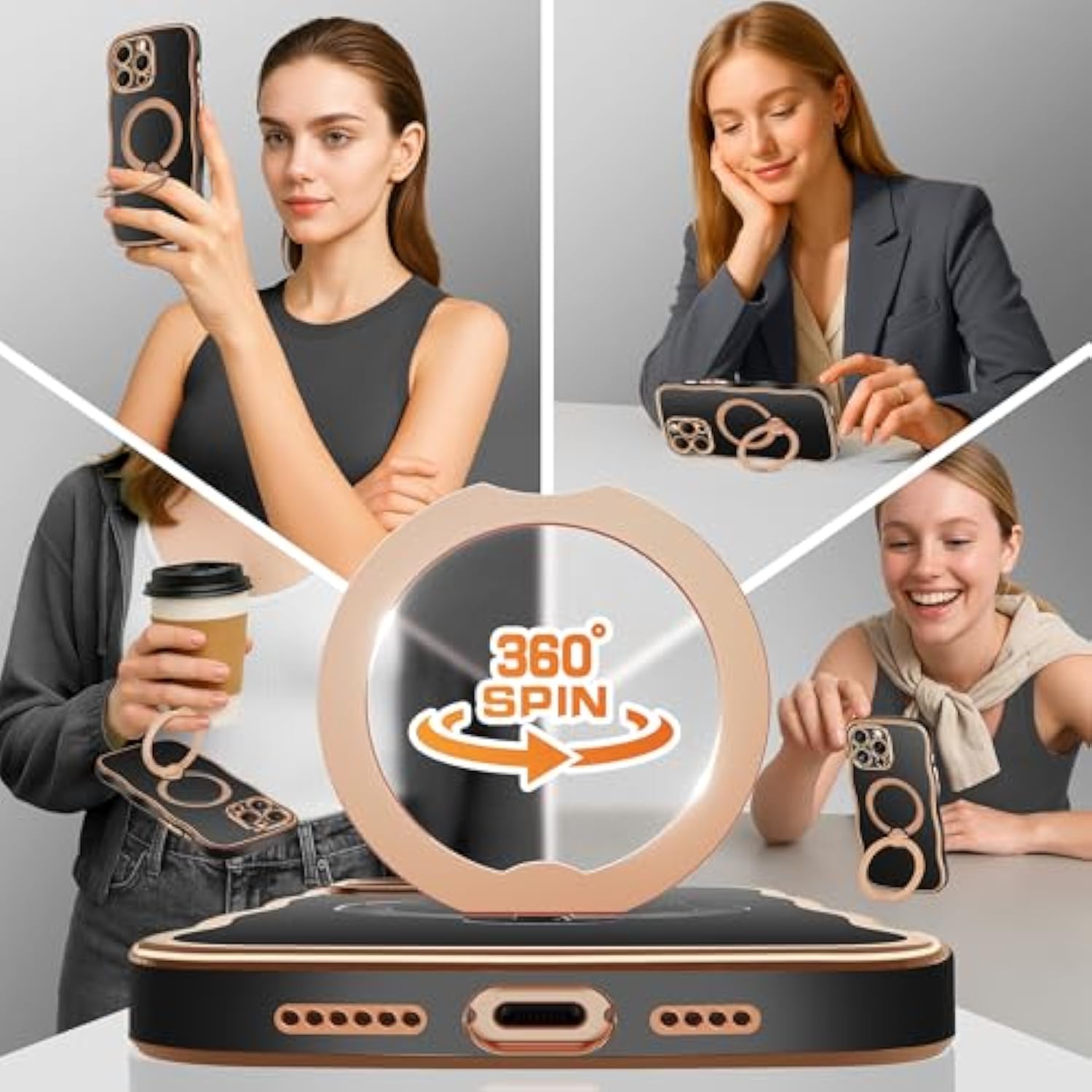 For Iphone 16 Pro Max Case With 360° Spin Magnetic Stand [Compatible With Magsafe][Military Protection][Camera Control Button] Cute Anti-Slip Wave Phone Case For Iphone 16 Promax, Black