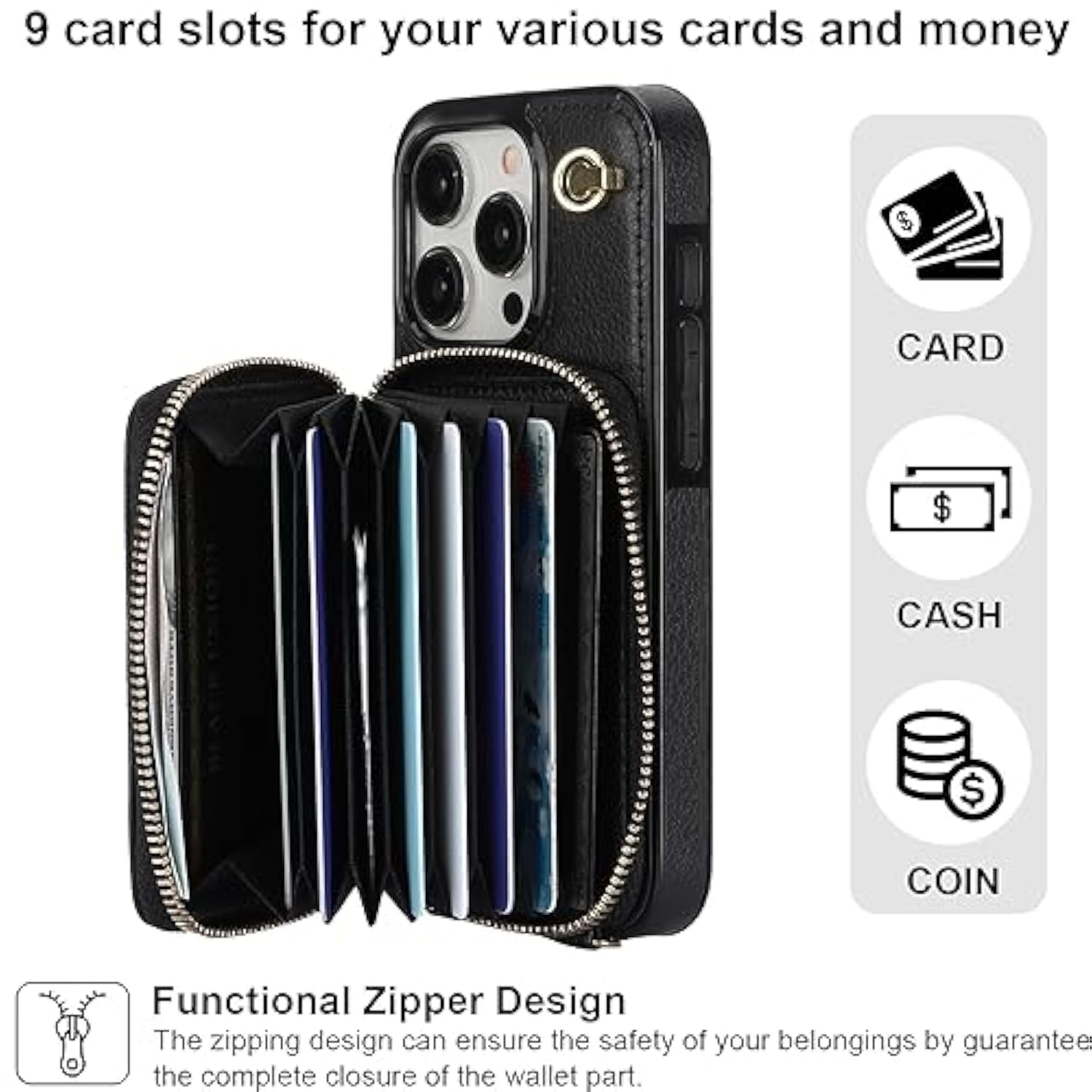 Crossbody Wallet Case For Iphone 15 Pro, Rfid Blocking Leather Purse Case With Card Holder, Protective Handbag Flip Cover With Zipper Wrist Strap Lanyard For Women 5G 6.1 Inch (Black)