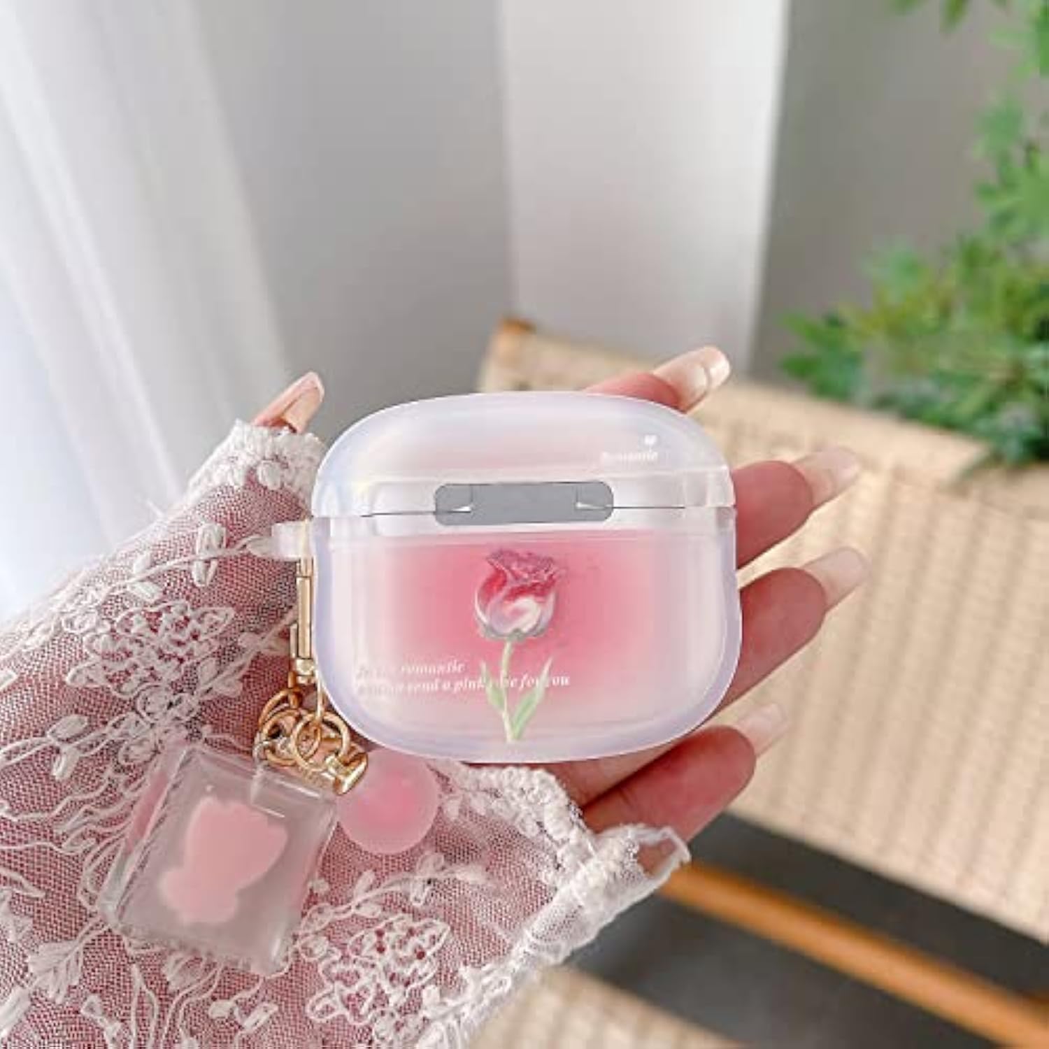 For Airpod 4 Case Cute Romantic Rose Flower With Keychain Clear Frosted Protective Cover Compatible With Airpods 4Th Generation Case For Girls Women (Rose Pink)