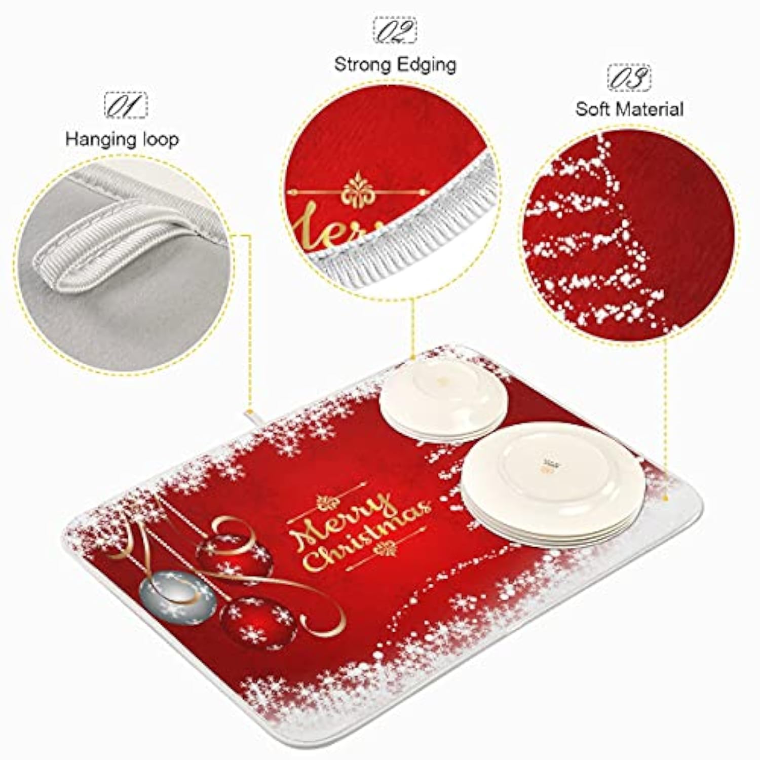 Merry Christmas Tree Dish Drying Mat 18X24 For Kitchen Counter Winter Snowflake Xmas Jingle Bells Drying Mat Pad Absorbent Fast Dry Dishes Draining Mats Large Red Kitchen Accessories
