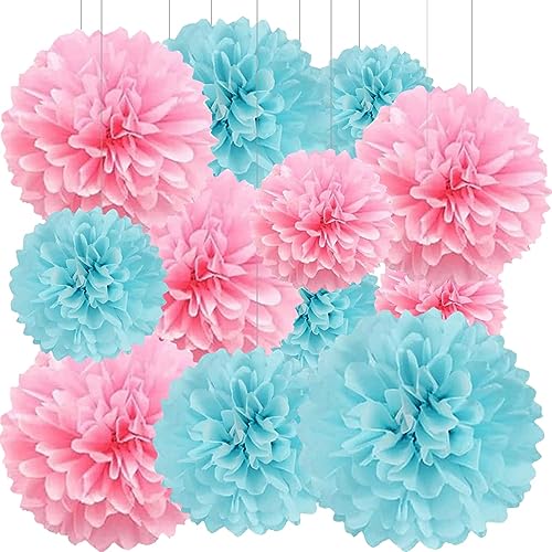 12 Pcs Pink Blue Tissue Paper Pom Poms for Gender Reveal Party Ceiling Wall Hanging Tissue Flowers Decor (8 &10 & 12 inch)