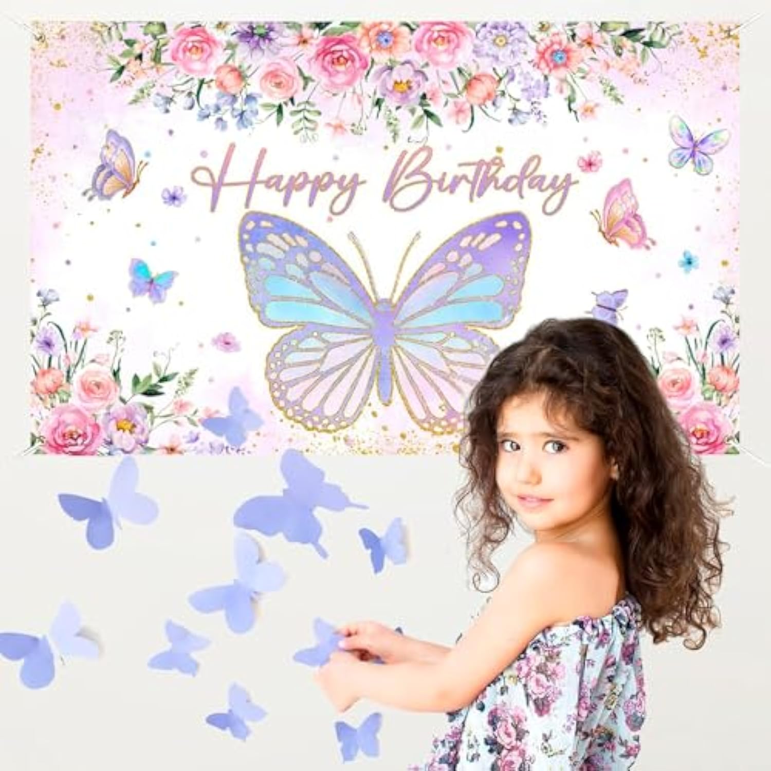Purple Pink Butterfly Birthday Banner 70.8×43.3 Inch Party Backdrop