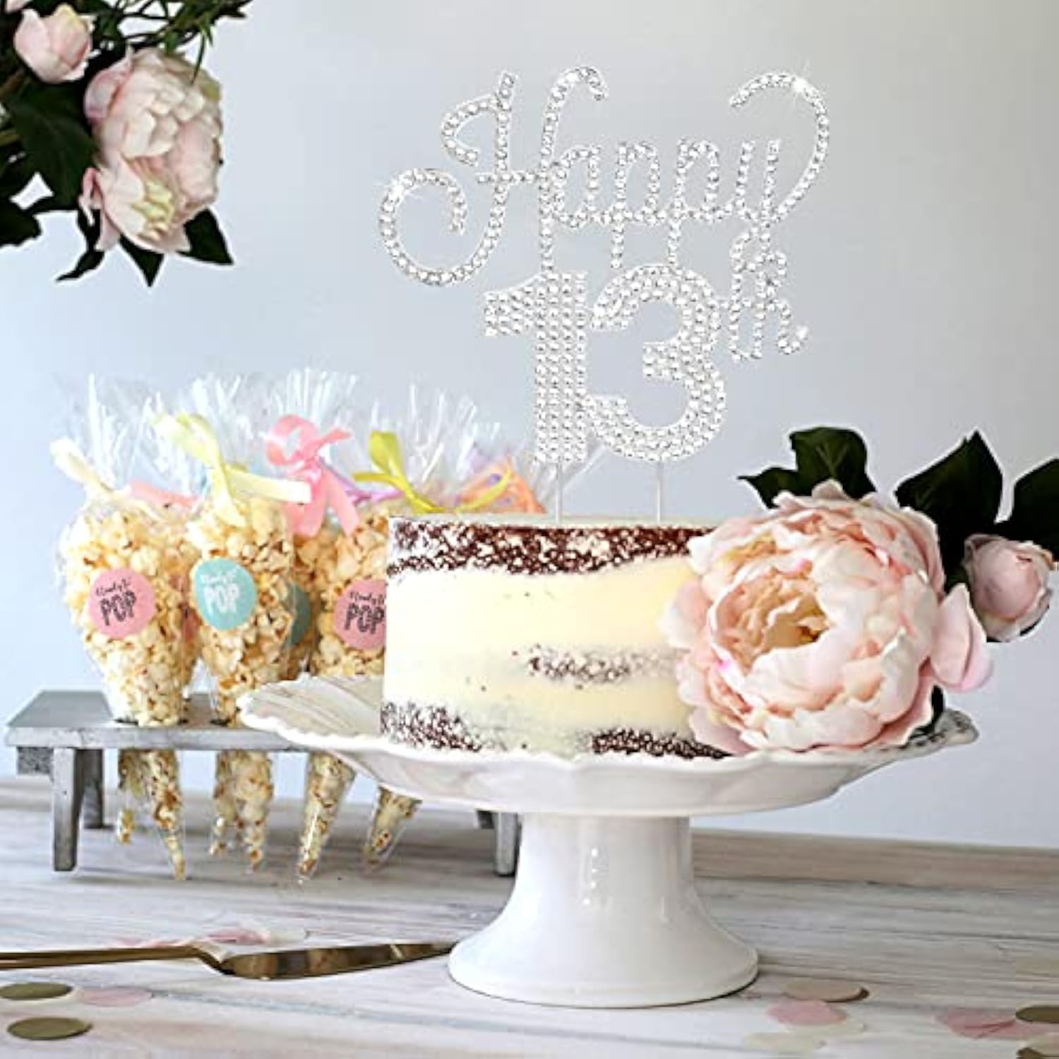 Happy 13Th Birthday Silver Rhinestone Cake Topper - Cheers To 13Th Birthday Thirteen Years Old Party Cake Centerpieces Topper Decorations Gift Sign.