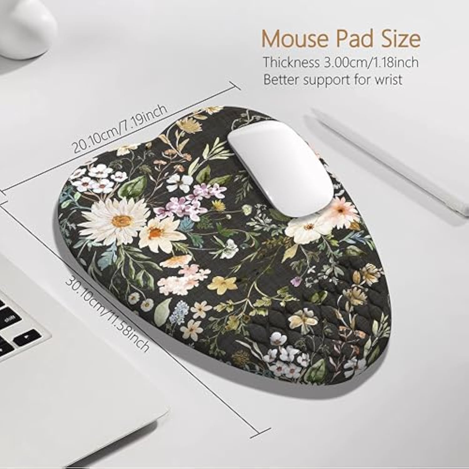 Dark Floral Ergonomic Gaming Mouse Pad With Wrist Support Boho Plant Mousepads With Wrist Rest, White Flower Mouse Pads With Heart-Shaped Design, Quality Milk Silk Fabric And Anti-Slip Pu Base