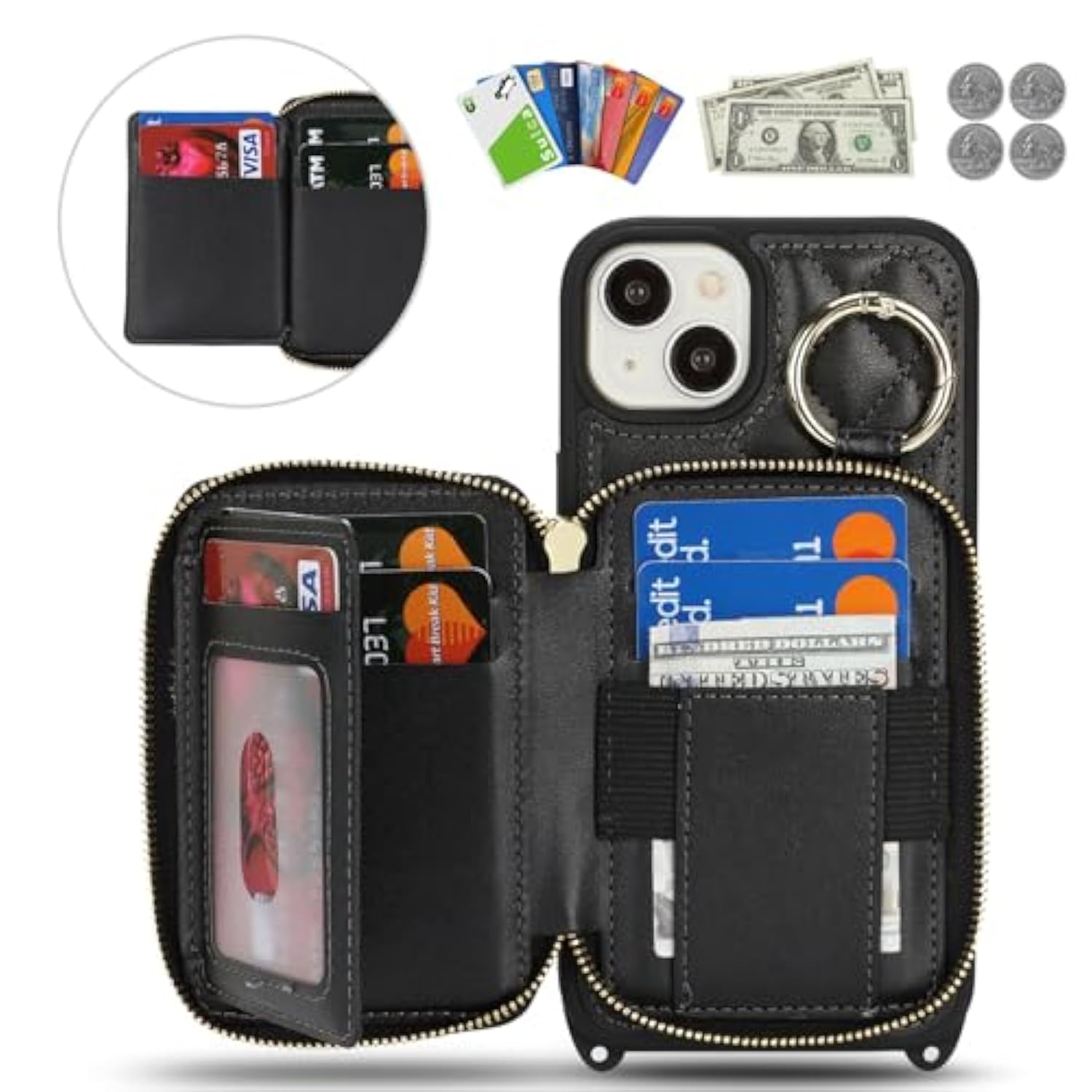 Crossbody Wallet Case For Iphone 14 Plus, Pu Leather Zipper Handbag Purse Flip Cover, Kickstand Folio Case With Card Slots Holder Wrist Strap Lanyard 5G 6.7 Inch-Black