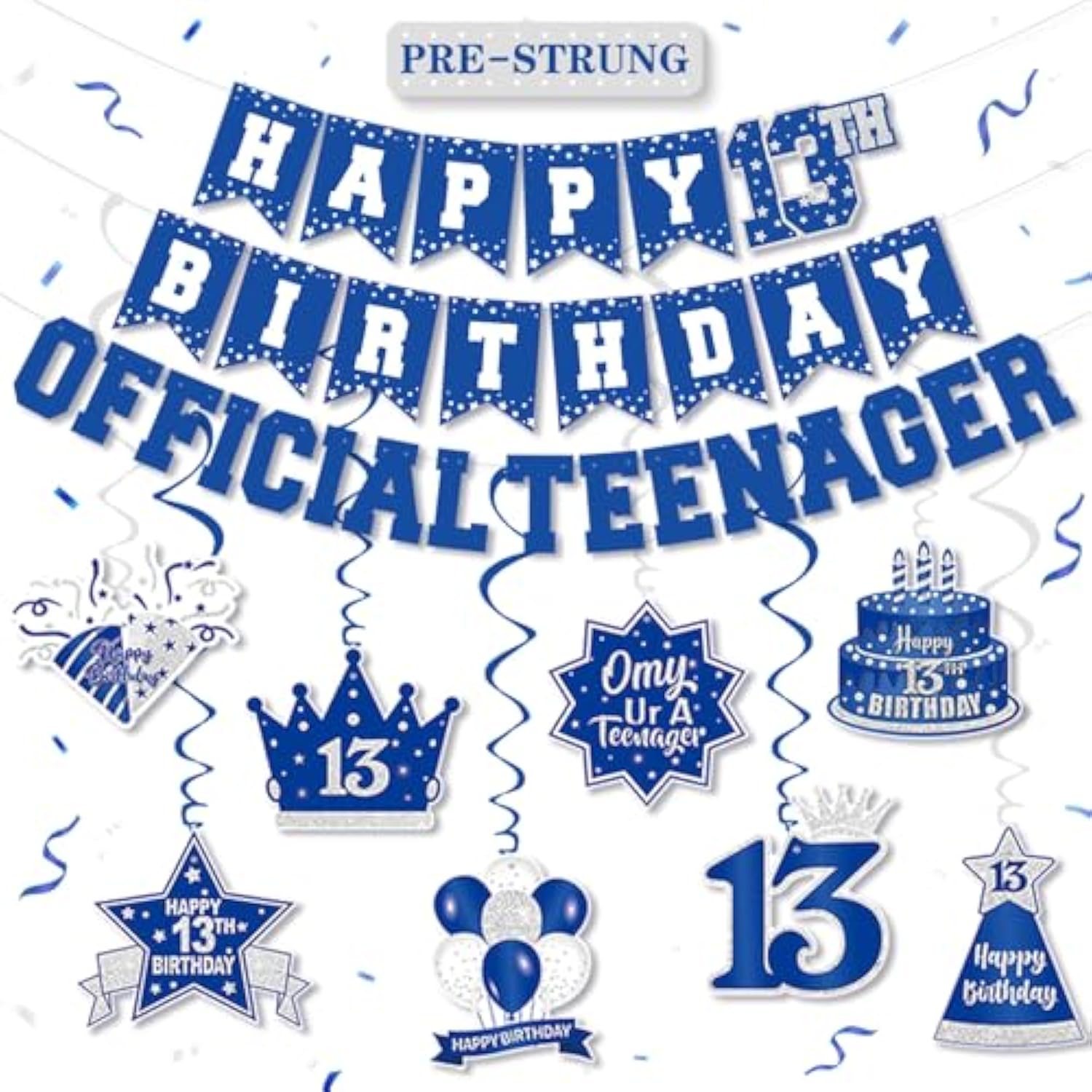 13th Birthday Decorations – Navy Blue Banner & Hanging Swirls for Teens