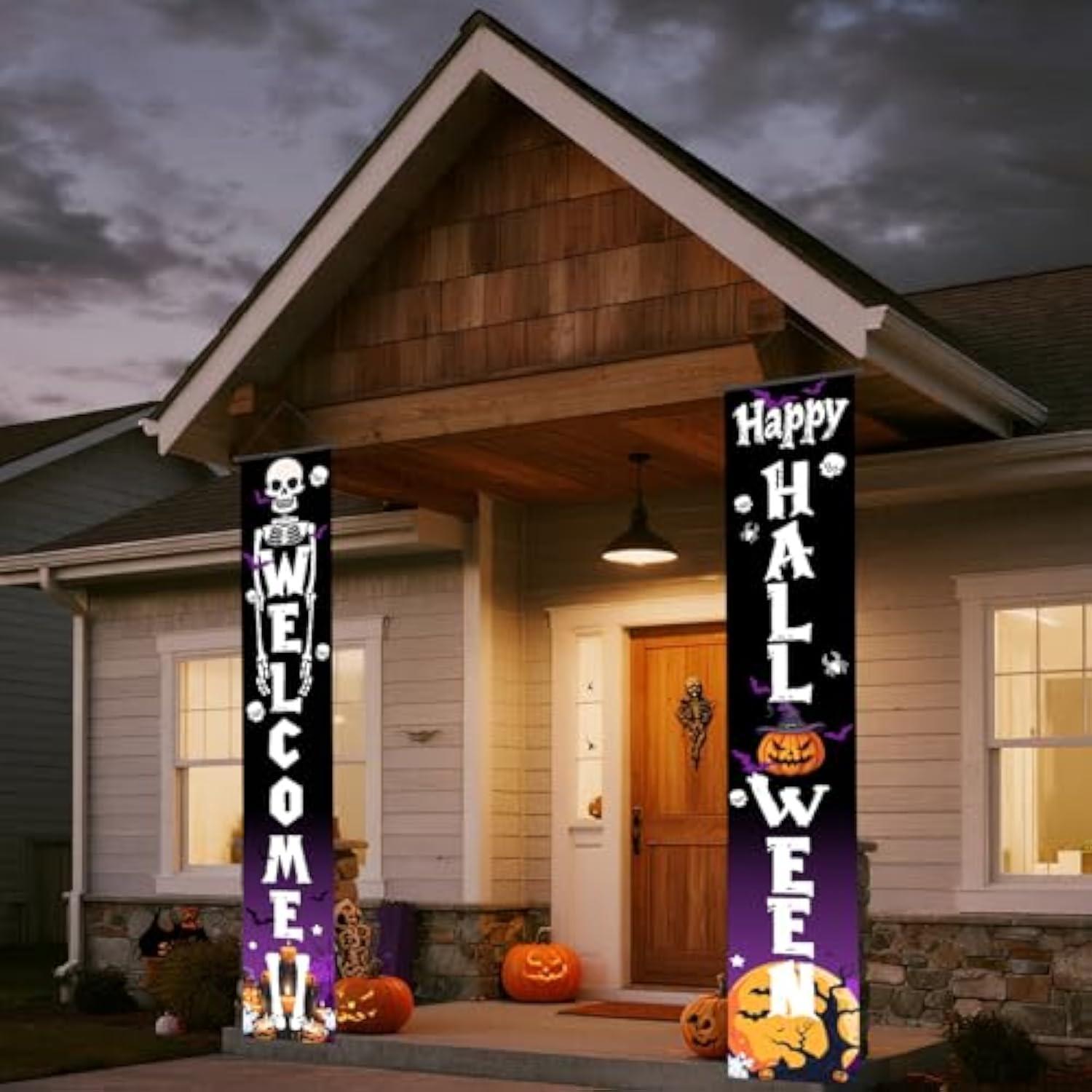 Happy Halloween Porch Banner Skeleton Welcome Vertical Banner Door Decorations