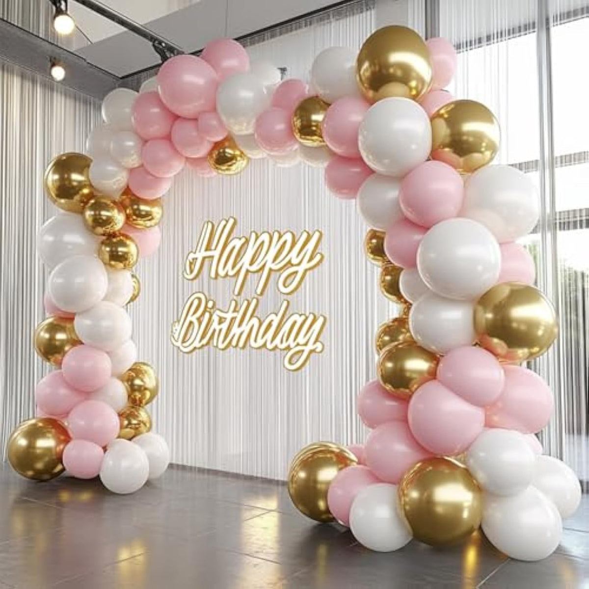 Pink And Gold Balloon Garland Arch Kit With Long Balloons, 5 10 12 18 Inch Pastel Pink White Metallic Gold Balloons For Girls Birthday Baby Shower Wedding Bridal Shower Party Decorations