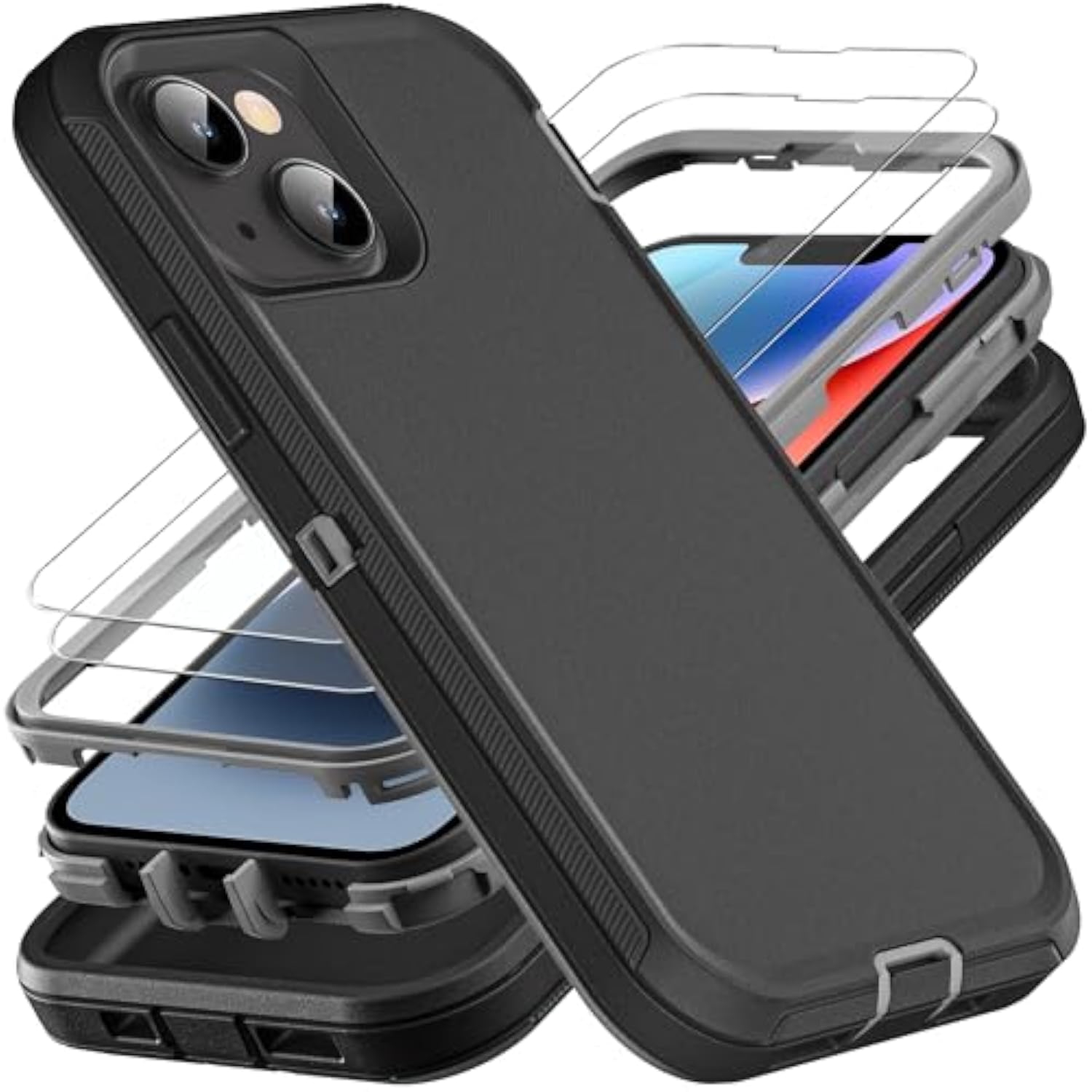 Iphone 13/14 Military Grade Case, 3 In 1 Heavy Duty Shockproof/Drop Proof/Dust Proof With 2Pcs Tempered Glass Screen Protector (Black/Grey)
