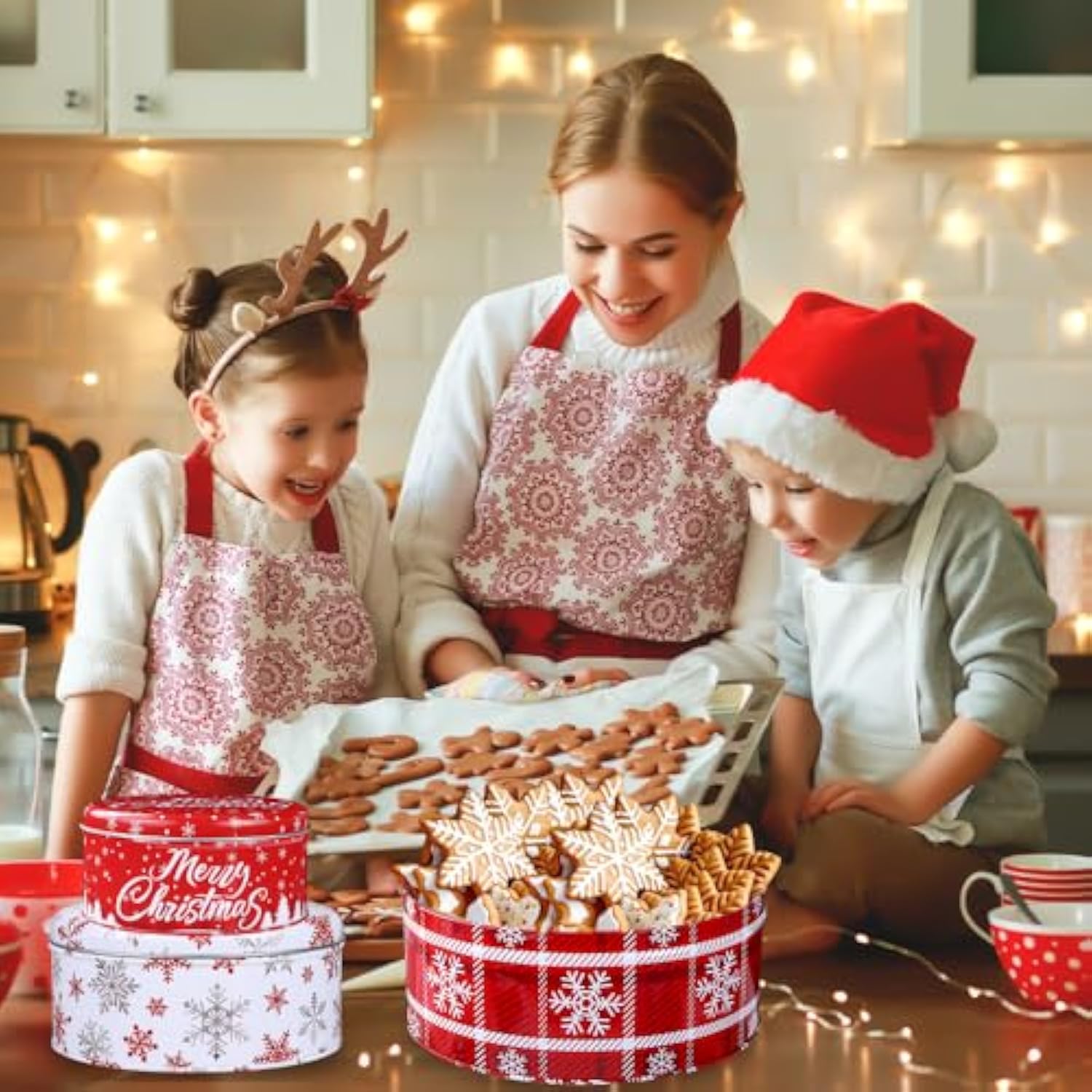 3 Pack Christmas Cookie Tins With Lids Round Christmas Tin Containers With Gift Ribbon Large Medium Small Xmas Metal Nesting Containers Festive Cookie Tins For Gift Giving Holiday Treats