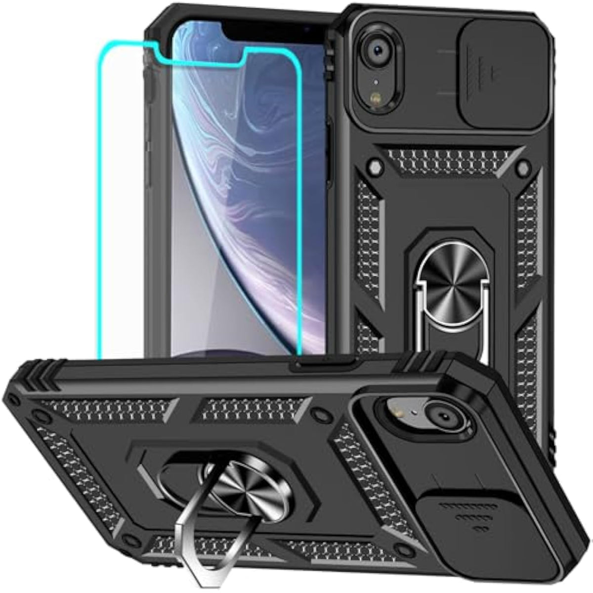 For Iphone Xr Phone Case With Hd Screen Protector: [Military Grade 20Ft. Drop Tested] Ring Shockproof Protective Phone Case For - Iphone Xr (Black)