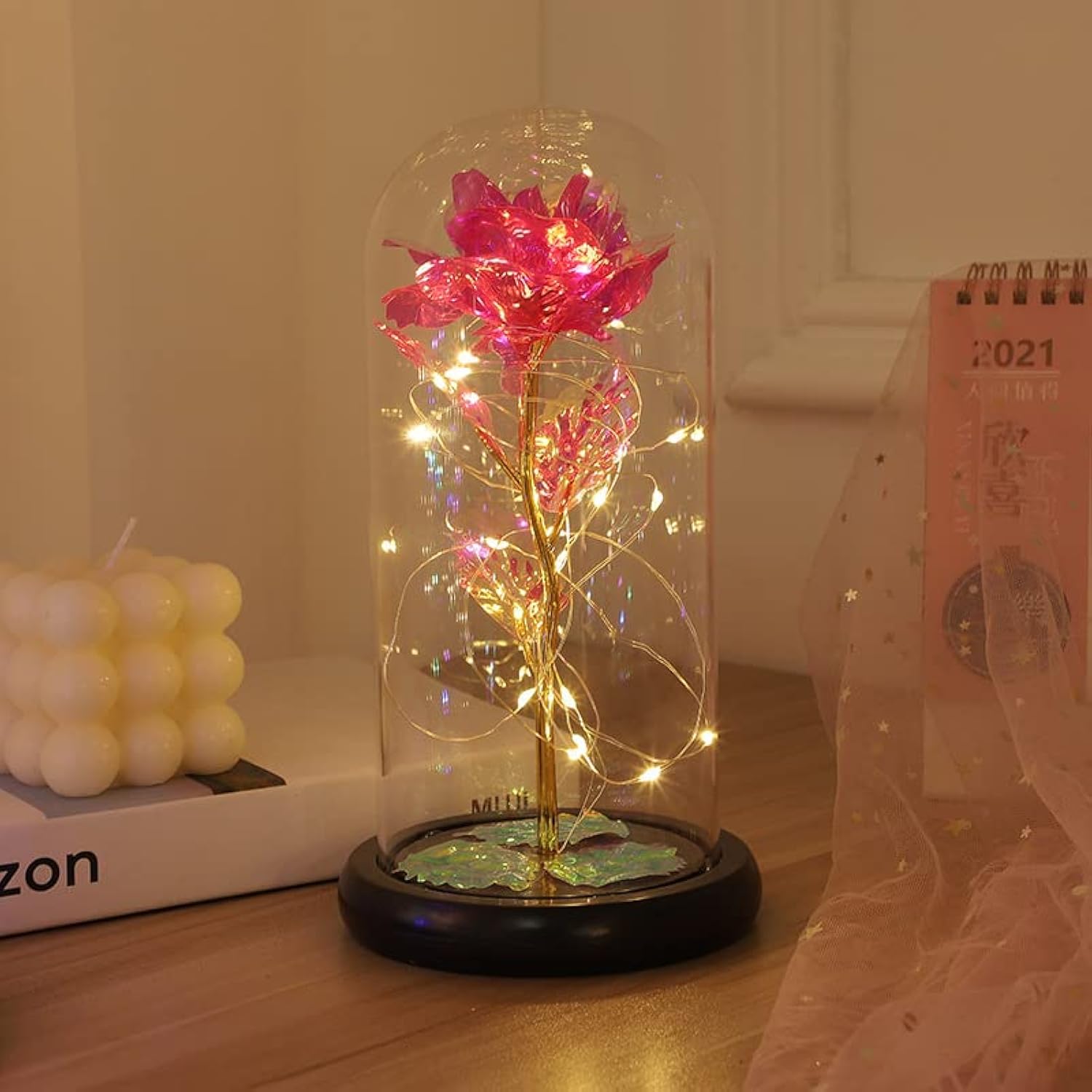 Eternal Glass Rose In Display Dome | Glass Flower With Colorful Base, A Perfect Romantic Gift For Valentine'S Day, Mother'S Day, Birthday & Christmas For Her